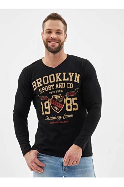 ELNOYA Unisex Siyah Oversize Basic "Brooklyn" Baskılı Uzun Kollu Rahat Sweatshirt