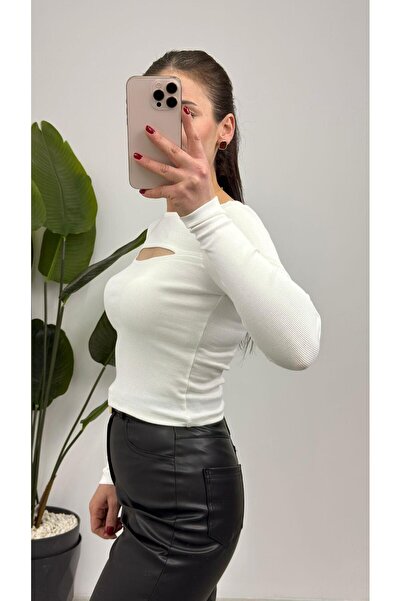 TUNAM BUTİK 4830 Pence Detailed Corded Fabric Blouse Ecru