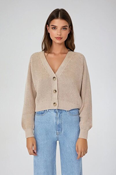 VAGGON Women's Beige Buttoned V-Neck Corded Fabric Knitwear Cardigan Vs01527