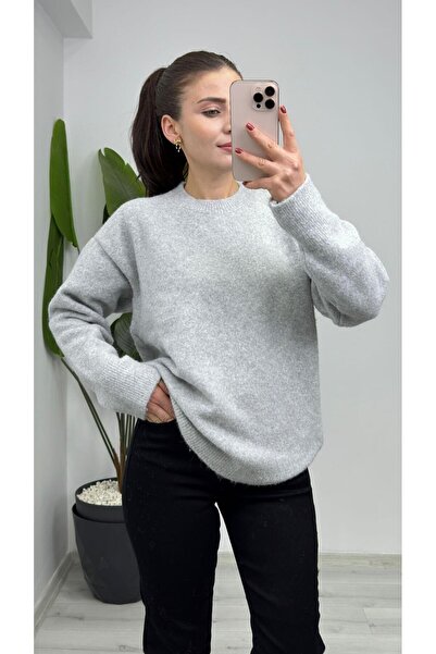 TUNAM BUTİK 4761 Crew Neck Soft Knit Sweater Light Gray