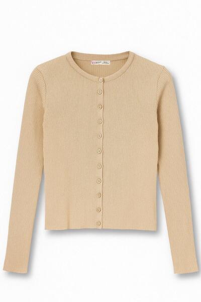 Mixray 6931 Women's Buttoned Corded Fabric Knitwear Cardigan Camel