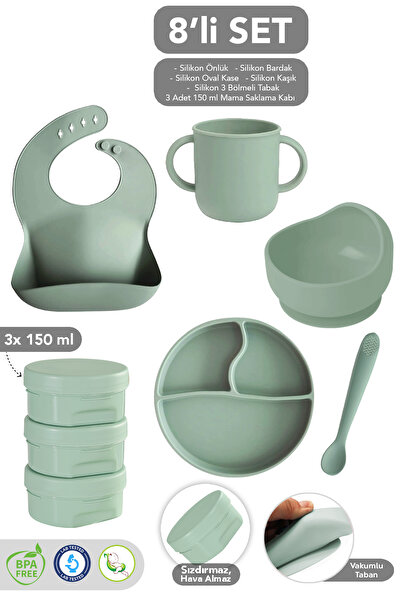 Meleni Baby 8'li Silikon Beslenme Seti - Mama Önlüğü Vakumlu Tabak Oval Kase Bardak Kaşık Atıştırma Kabı Yeşil