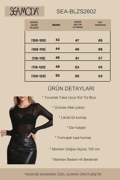 Seamoda Plus Size Transparent Stretch Fabric Tulle Long Sleeve Blouse-Black