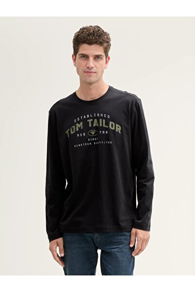 ELNOYA سويت شيرت أسود قصة فضفاضة بيسك للجنسين بأكمام طويلة مطبوع