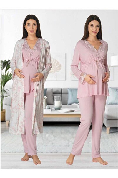 Lohusa Homewear Women's Pink Lace Long Sleeve Maternity Pajama Set with Dress...