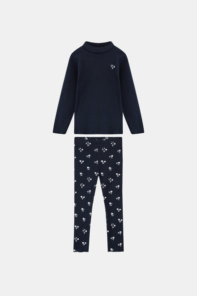 LOVETTI Dark Navy Blue Floral Printed Girl's Ribbed Knit Bottom Top Set