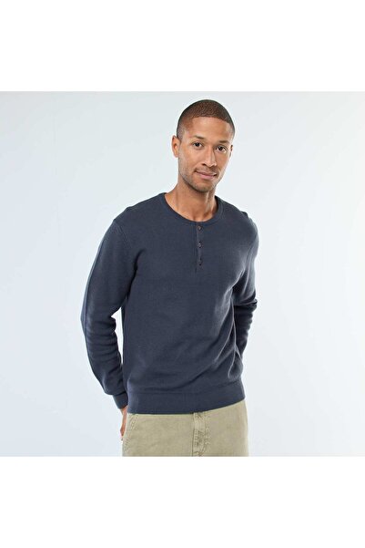 KİABİ Buttoned Crew Neck Patterned Knit Sweater BLUE