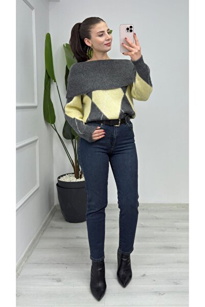 TUNAM BUTİK 5106 Diamond Patterned Soft Textured Madonna Knitwear Sweater Anthracite Yellow
