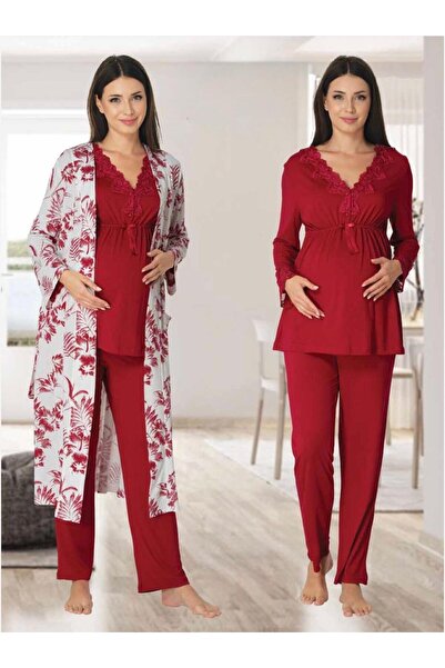 Lohusa Homewear طقم بيجامة نسائية من الدانتيل الكرزي بأكمام طويلة للحوامل، طق...