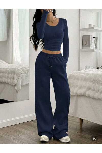 BERYY MODA بنطلون رياضي شتوي واسع الساق باللون الأزرق الداكن، مقاس كبير، قماش...