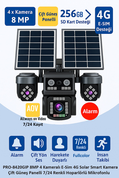 BALANDI PRO-8420GIP 8mp 4 Kameralı E-Sim 4g Solar Smart Kamera Çift Güneş Pan...