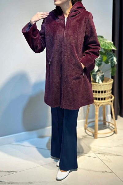 Lale Butik Large Size Zipper Detail Cap Jacket 2590 Plum