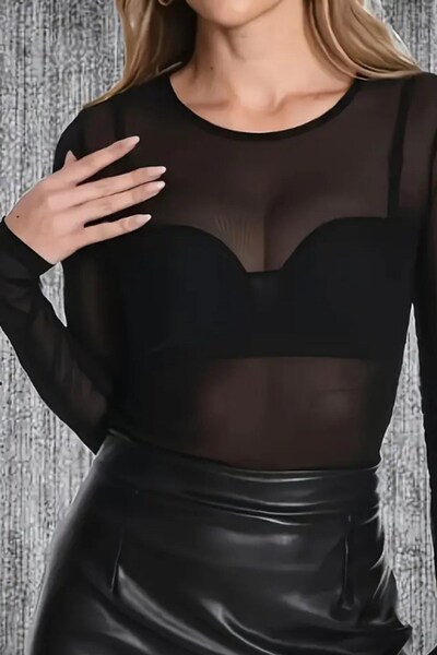 Seamoda Μπλούζα με μακριά μανίκια από τούλι ελαστικό ύφασμα μεγάλου μεγέθους-ΜΑΥΡΟ