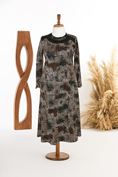 HESNA Women's Asude Winter Cupped Marbled Cloud Patterned Burgundy Plus Size Mother Dress