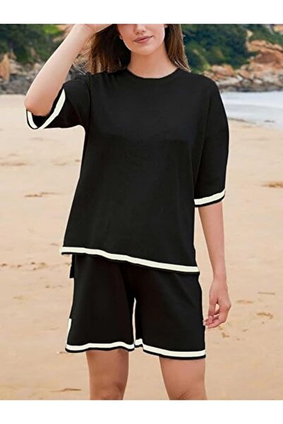 fulina Womens Knit Pajamas Set, 2 Piece Sweater Sets Short Sleeve Pullover Tops Loungewear, Size L, Black