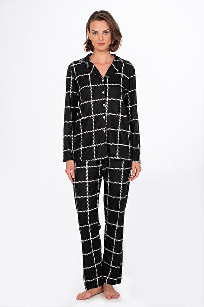 Kompedan Kadın Süet Önden Düğmeli Pijama Takımı | Beyaz Çizgili