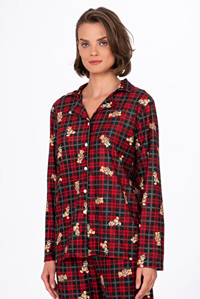 Kompedan Kadın Süet Önden Düğmeli Pijama Takımı | Ayıcık Desen