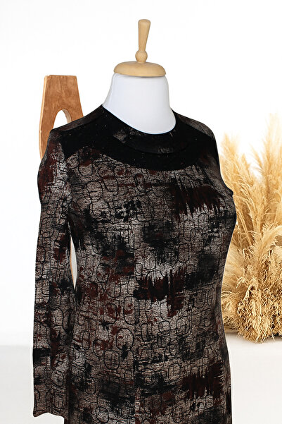 HESNA Women's Asude Winter Cupped Marbled Cloud Patterned Burgundy Plus Size Mother Dress