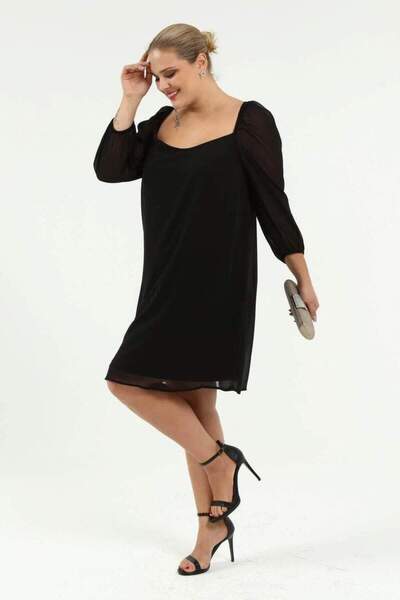 angelino butik Büyük Beden Kare Prenses Yaka Çan A Kesim Şifon Elbise KL8043