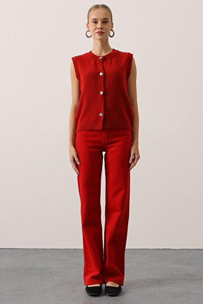 VAGGON Women's Red Crew Neck Buttoned Sleeveless Knit Blouse Vs01531