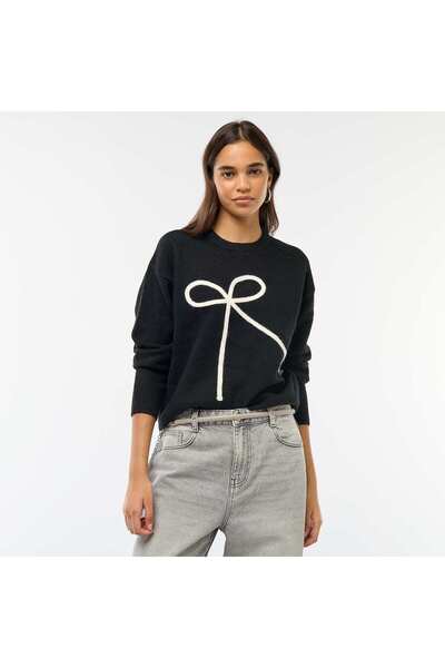 KİABİ Round Neck Jumper with Large Sewn Bow BLACK