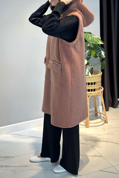 Lale Butik Plus Size Fur Detail Hooded Vest 2595 Camel