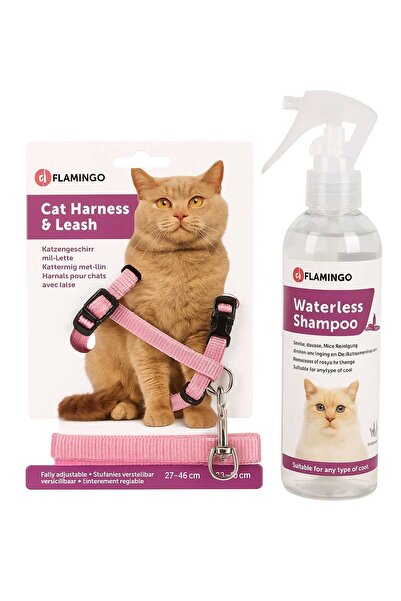 Flamingo BUDDY 🐱 Set Flamingo pentru pisici – Ham reglabil cu lesă + Șampon uscat fără apă