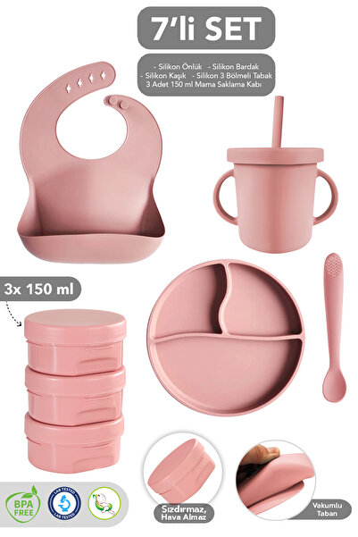 Meleni Baby 7'li Beslenme Seti - Silikon Mama Önlüğü Pipetli Bardak Vakumlu T...