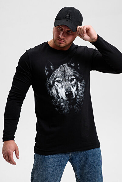 ELNOYA سويت شيرت أسود قصة فضفاضة بسيط للجنسين من طراز “كيرت” مطبوع بأكمام طوي...