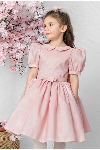 JBK فستان أطفال من الساتان ياقة دائرية من أليينا مع تفاصيل فيونكة ومشبك شعر