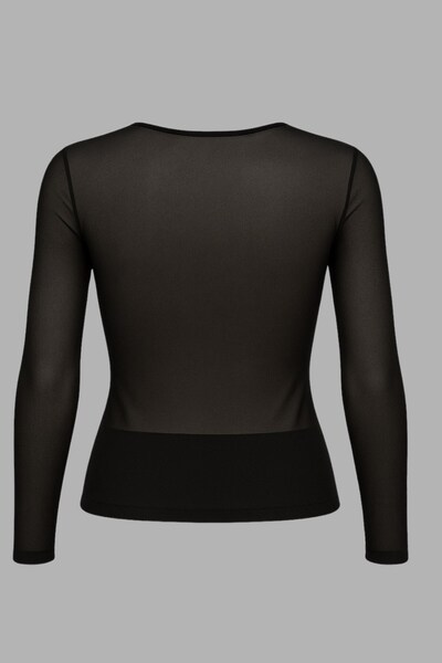 Seamoda Μπλούζα με μακριά μανίκια από τούλι ελαστικό ύφασμα μεγάλου μεγέθους-ΜΑΥΡΟ