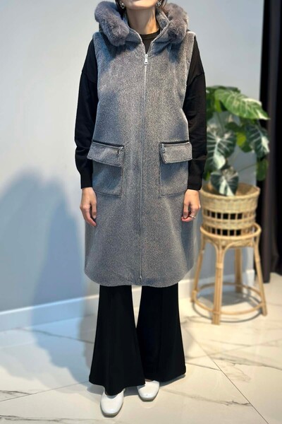 Lale Butik Plus Size Fur Detail Hooded Vest 2595 Gray