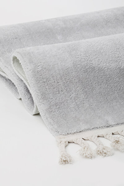 Dijidekor Plush Fringed Carpet Light Gray Color Erasable 160X200