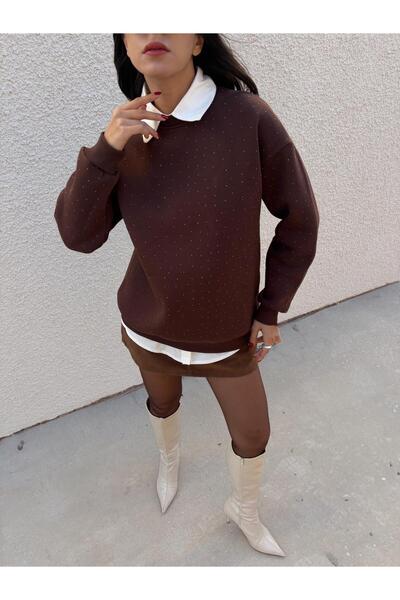 minaaise سويت شيرت نسائي بني ستون قصة فضفاضة 30067