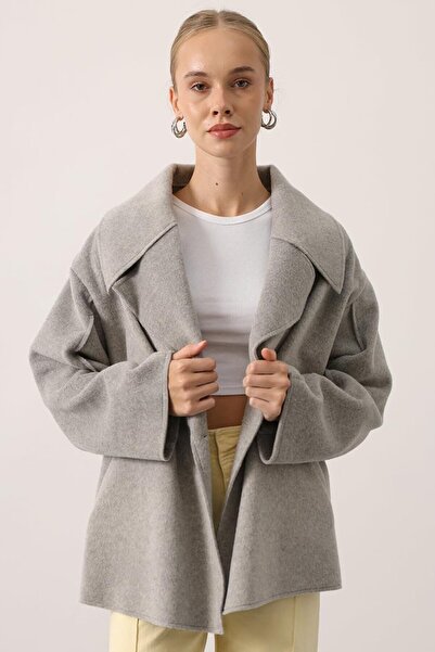 VAGGON Women's Gray Wide Collar Double Pocket Cashmere Jacket Vs01535