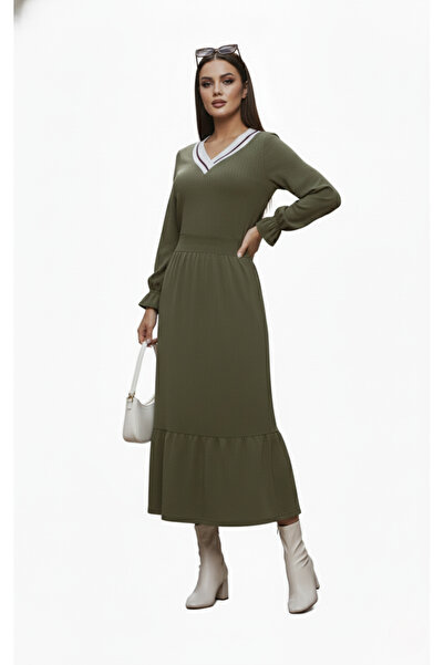 CrazyShopping Women's Long Sleeve V-Neck Knitted Viscose Dress