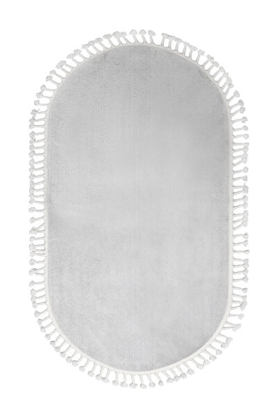 Dijidekor Plush Oval Fringed Carpet Light Gray Color Erasable 160X200