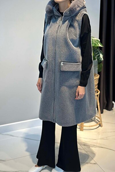 Lale Butik Plus Size Fur Detail Hooded Vest 2595 Gray