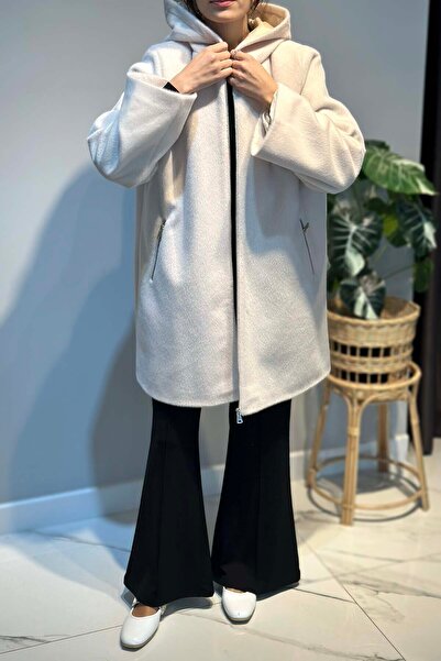 Lale Butik Large Size Zipper Detail Cap Jacket 2590 Ecru