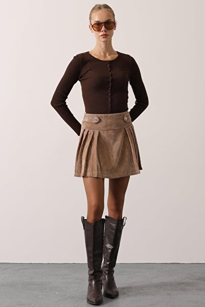 VAGGON Buckle Detailed Pleated Velvet Mini Skirt