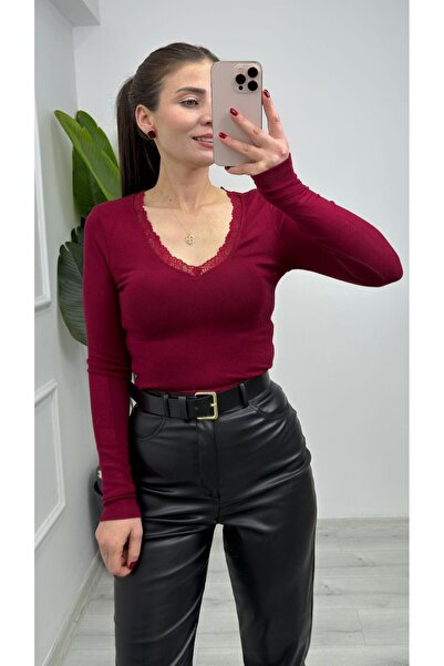 TUNAM BUTİK 4829 بلوزة من القطن الممشط بياقة دانتيل باللون العنابي