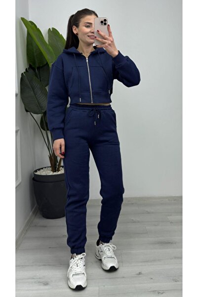 TUNAM BUTİK 1005 Üç إبريق ش مبطن بالصوف جوجر أزرق داكن