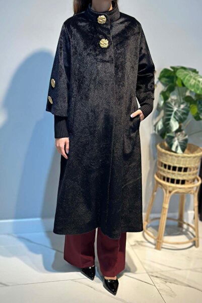 Lale Butik Collar and Sleeve Brooch Detail Coat 2586 Black