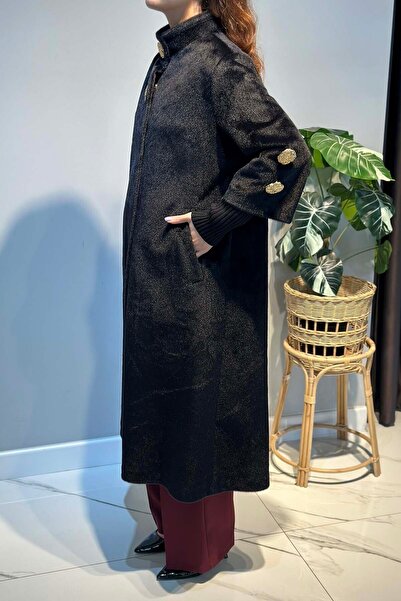 Lale Butik Collar and Sleeve Brooch Detail Coat 2586 Black