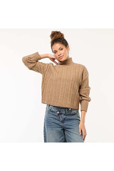 KİABİ سترة كابل محبوكة برقبة عالية باللون البيج