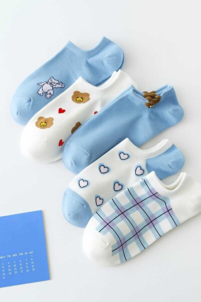 Çorapland 5 Çift Kadın Mavi Kalp Desenli Kadın Çorap