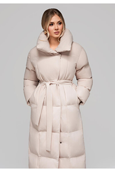 OMBRE Long Beige Quilted Women's Jacket with Belt OW-JALJ-0104 - beige