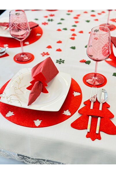 Karter İnovasyon Christmas Themed American Dinnerware Set for 6 People Red 24 Pieces, Christmas Decoration, Christmas Ornament