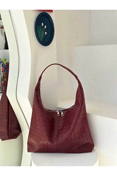 Zeynep Keskin Design Leather Women's Shoulder Bag with Knitted Pattern, Casual Look and Large Volume