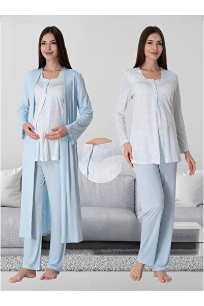Lohusa Homewear طقم بيجامة نسائية للحوامل بأكمام طويلة منقوشة باللون الأزرق م...